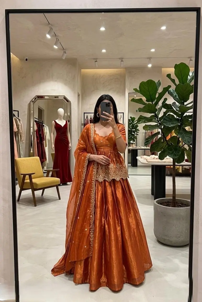 Rust Orange Tissue Silk Peplum Lehenga Set